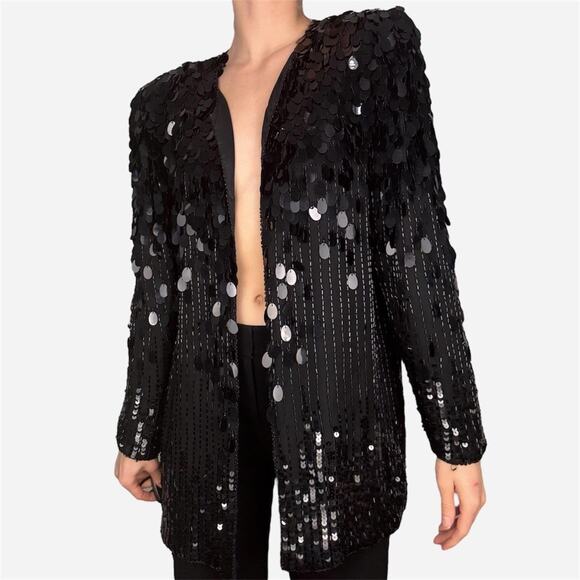 Silk black sequin blazer fringe 80s vintage - fits like modern small / medium - Picture 2 of 8